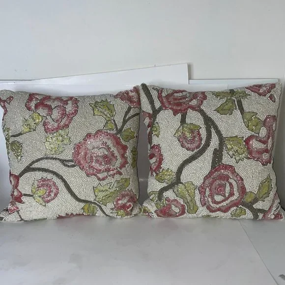 PRIMROSE VINTAGE Set of 2 Floral Pink Rose Beaded 12” Throw Decorative Pillows - Picture 6 of 15